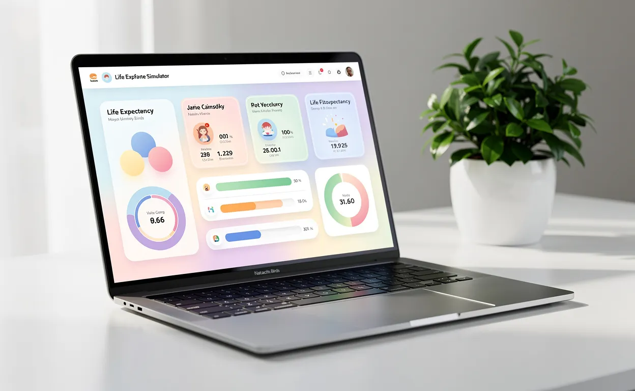 Un ordinateur portable affiche l’interface colorée d’un simulateur d’espérance de vie conçu par Natacha Birds, posé sur un bureau épuré à côté d’une plante verte sous une lumière naturelle douce.