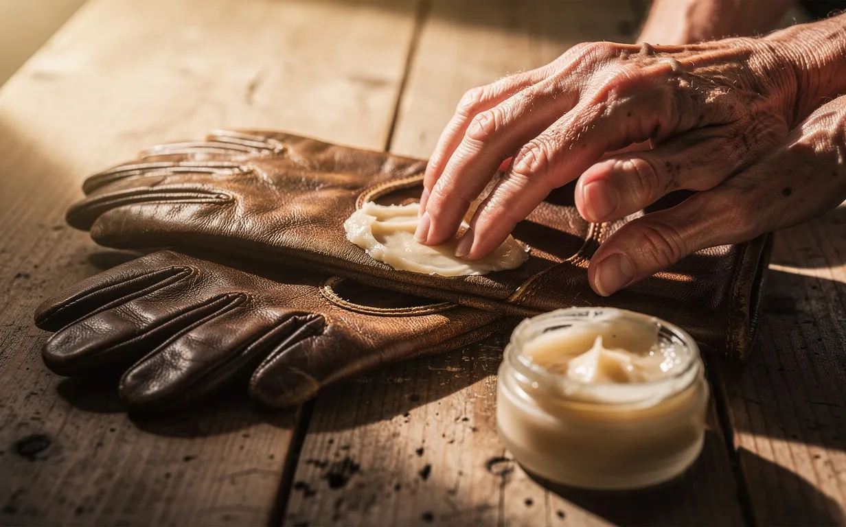 Des mains âgées entretiennent des gants en cuir usés avec un mélange artisanal sur une table en bois éclairée par la lumière du matin.