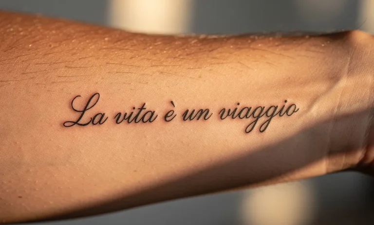 Avant-bras en gros plan orné d’une phrase italienne tatouée en écriture cursive sous une lumière douce.