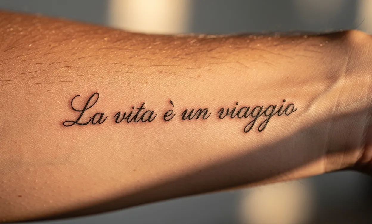 Avant-bras en gros plan orné d’une phrase italienne tatouée en écriture cursive sous une lumière douce.