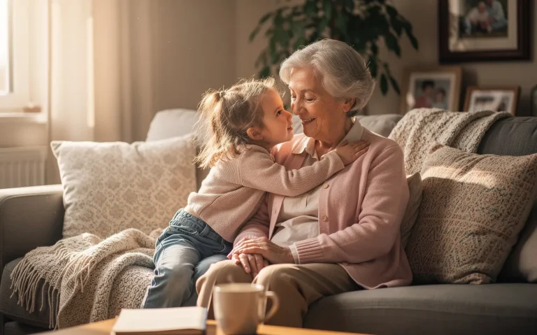 Une grand-mère souriante assise avec son petit-enfant sur un canapé, tandis que l’enfant lui chuchote un surnom à l’oreille dans une lumière matinale douce.