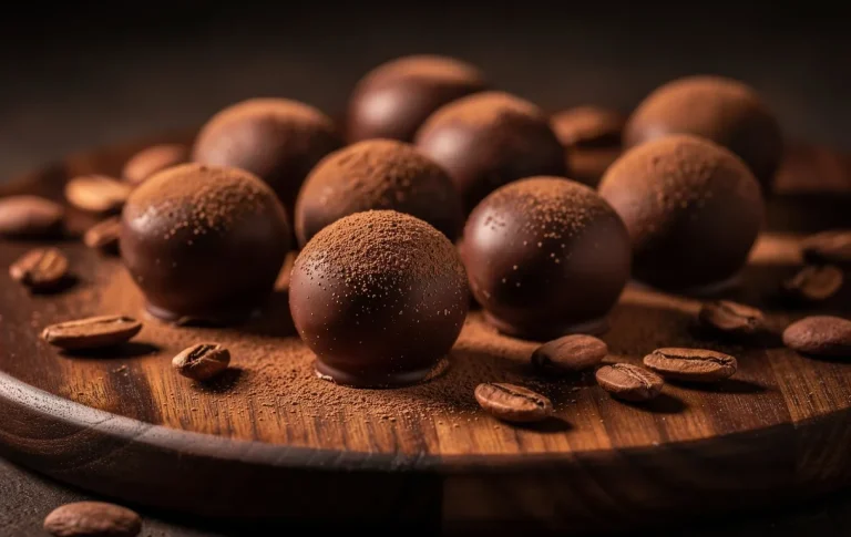 Des truffes au chocolat reposent sur une planche en bois sombre, saupoudrées de cacao et entourées de fèves de cacao, dans une lumière tamisée.