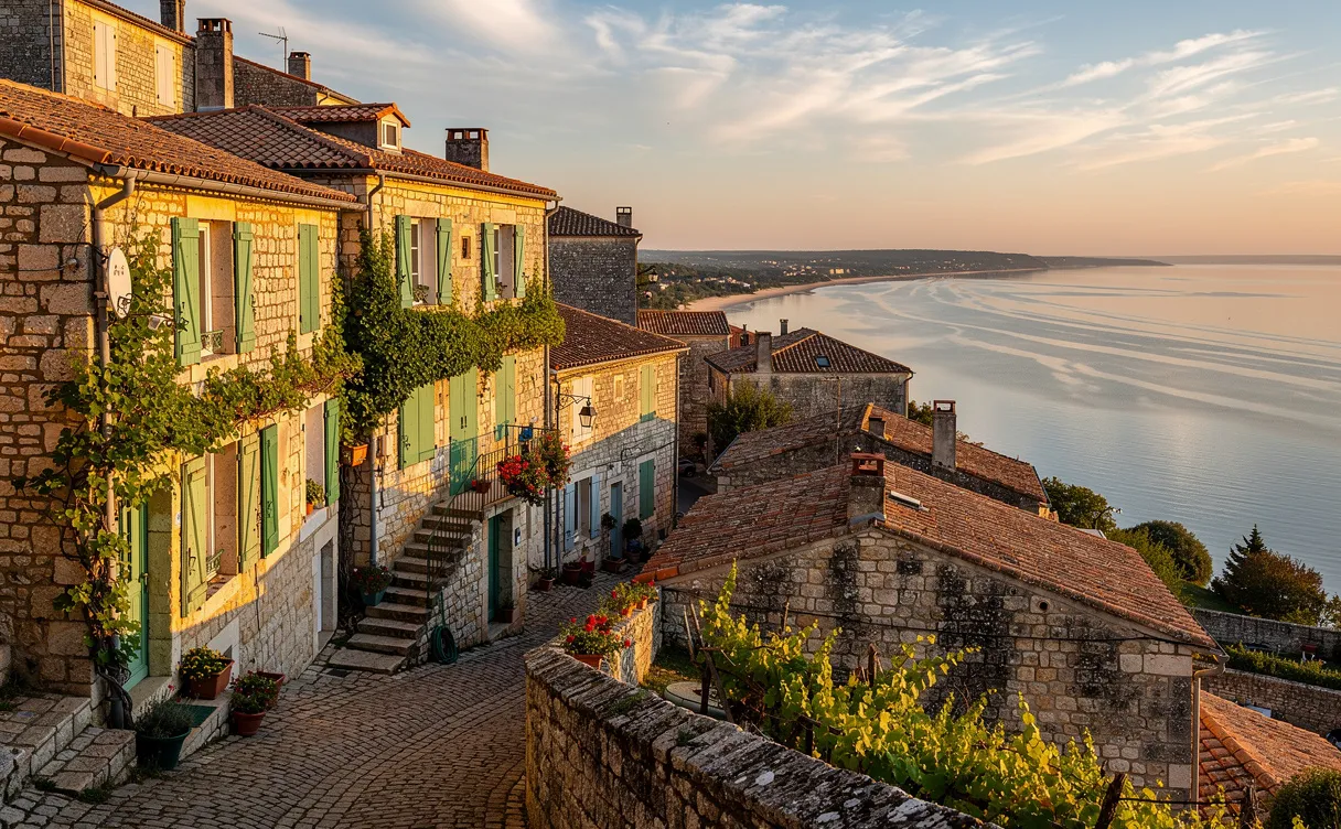 Un village en pierre surplombe l’estuaire de la Gironde, avec des maisons couvertes de vignes baignées par la lumière dorée et l’eau reflétant un ciel paisible.
