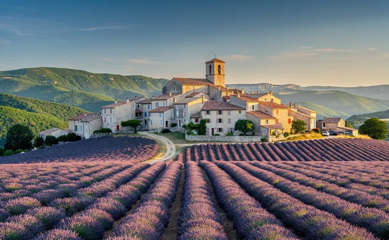 Un village de pierre au sommet d’une colline près de Sisteron avec une église médiévale, entouré de collines verdoyantes et de champs de lavande sous un ciel bleu.