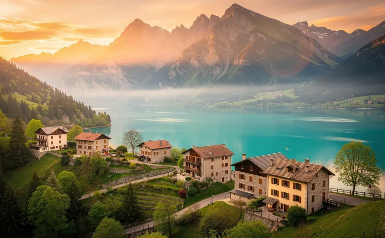 Cinq villages alpins côtoient les rives turquoise du lac Serre-Ponçon, entourés de verdure et de montagnes sous un coucher de soleil doré.