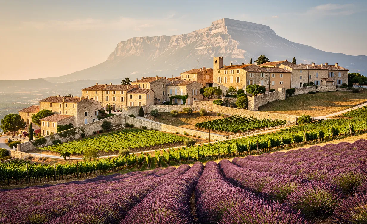 Des villages de pierre entourés de vignes et de champs de lavande s’étendent au pied du mont Ventoux sous la lumière dorée de fin d’après-midi.
