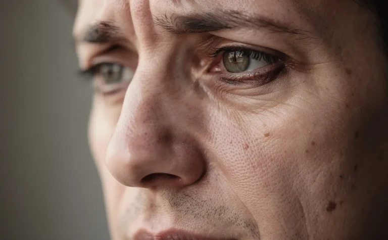 Gros plan sur le visage pâle d’une personne fatiguée avec des yeux cernés, éclairée par une lumière naturelle.