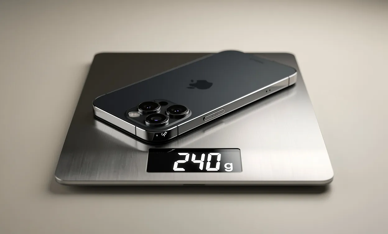 L’iPhone 14 Pro Max est posé sur une balance numérique affichant 240g, devant un fond moderne et épuré.